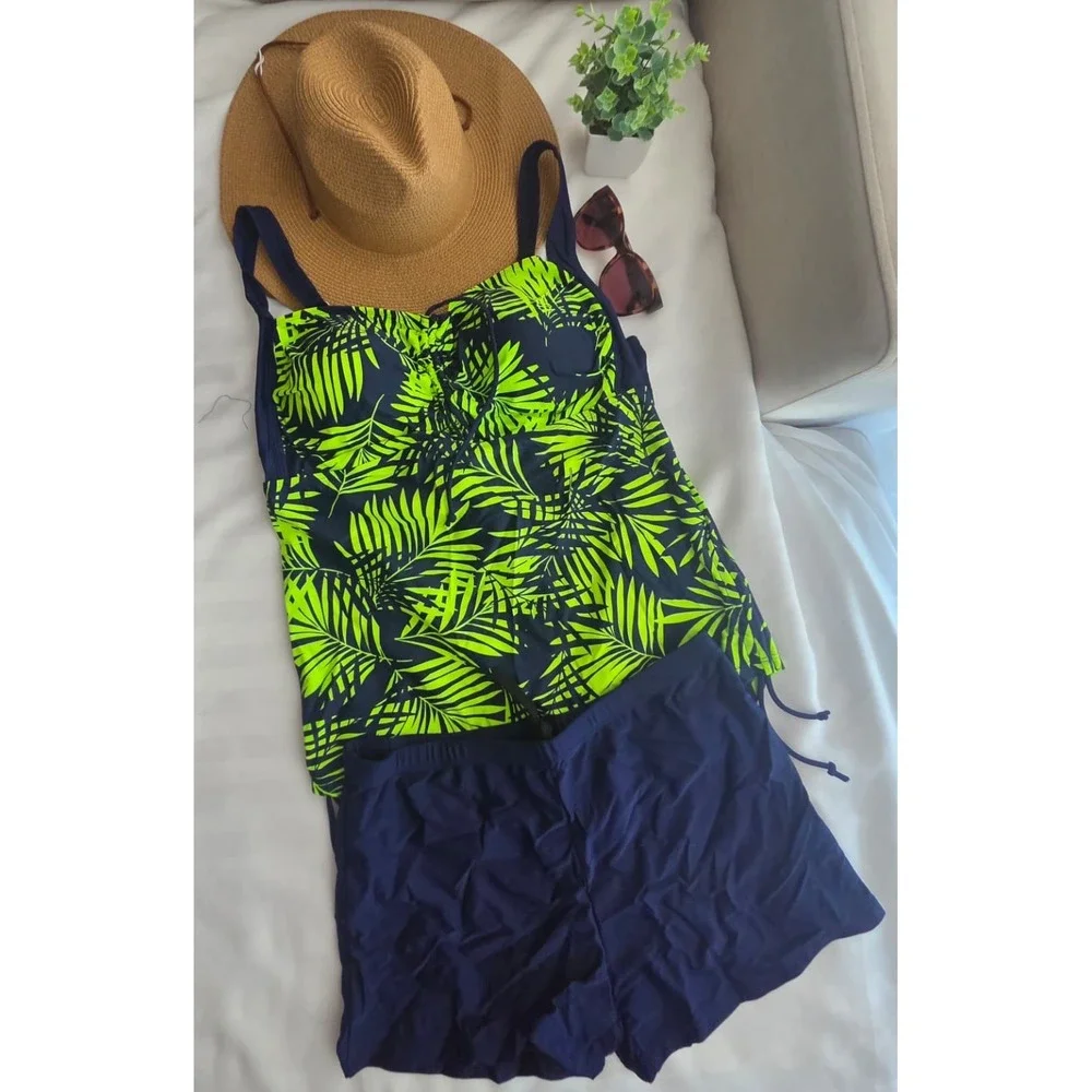 Cupshe Tropical Palm‎ Leaf Tankini Set Neon Green Navy Blue Boy Shorts Swimsuit
